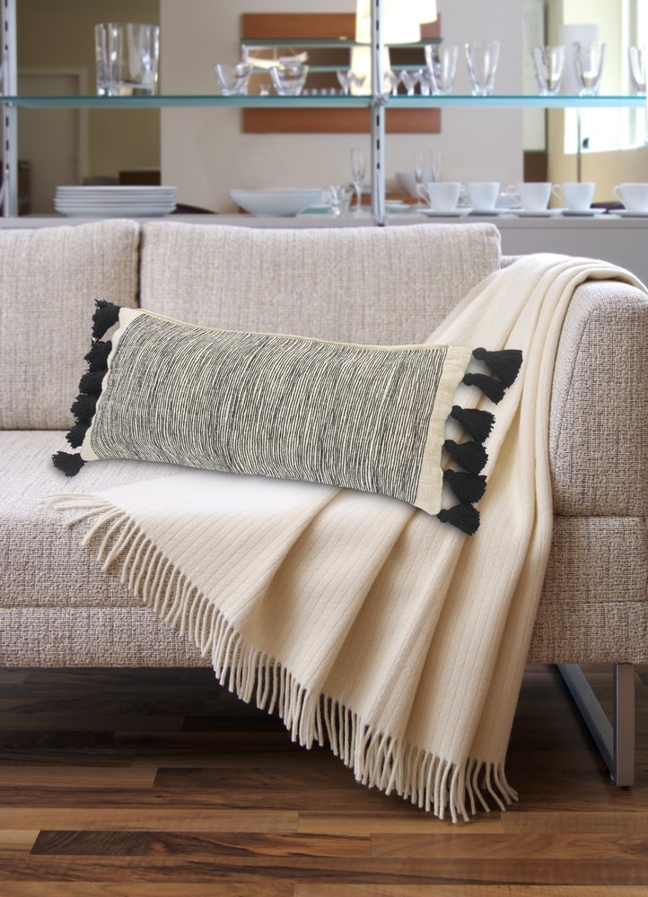 12" X 28" White And Black Lumbar Striped Cotton Throw Pillow Cover