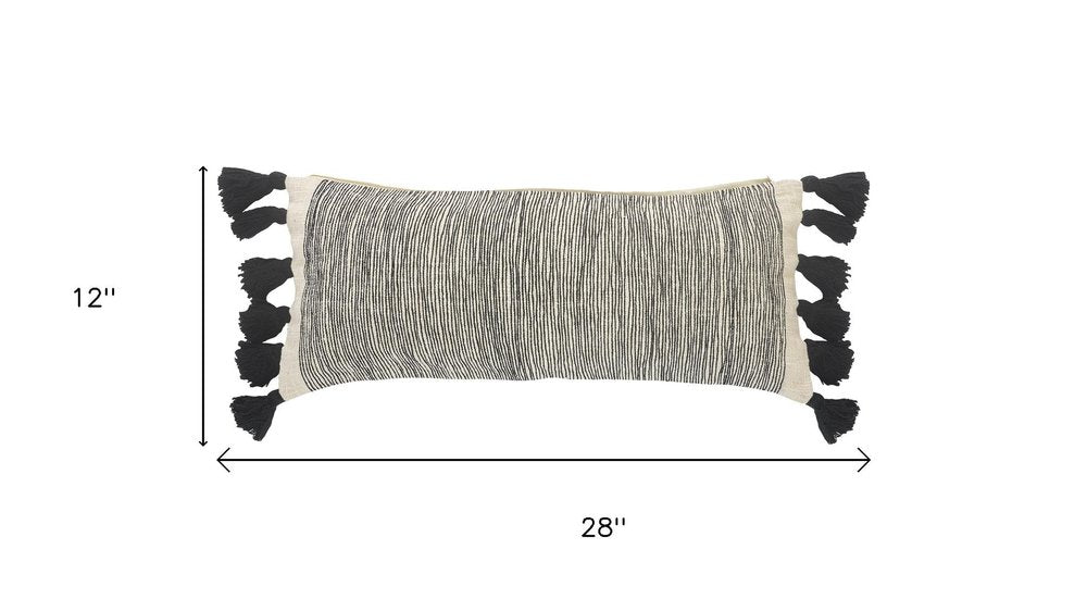 12" X 28" White And Black Lumbar Striped Cotton Throw Pillow Cover with Tassels