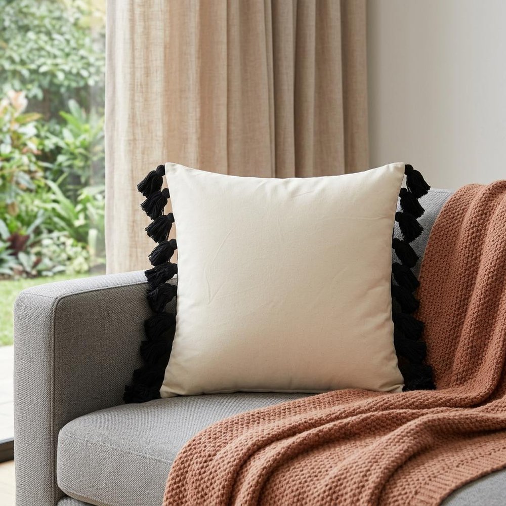 20" White And Black Striped Cotton Throw Pillow Cover with Tassels