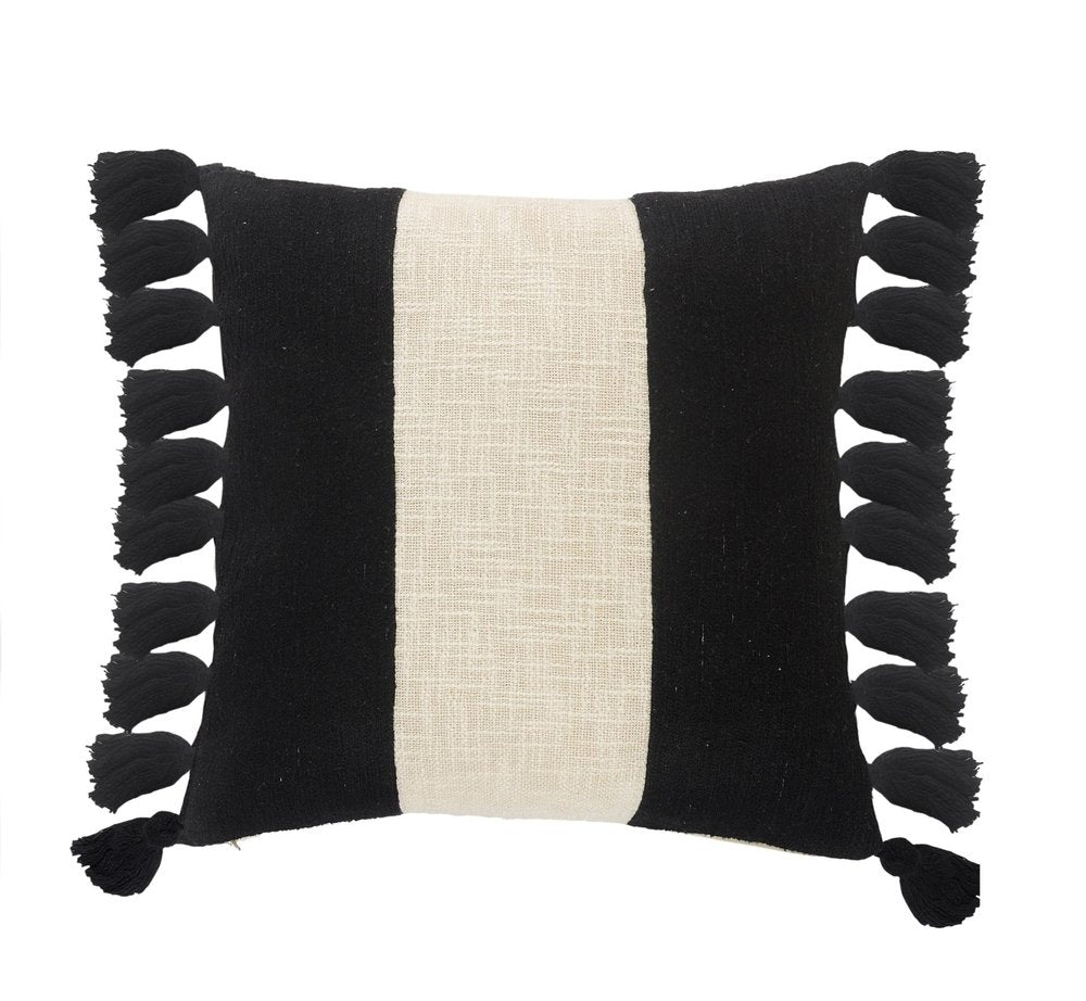 20" White And Black Striped Cotton Throw Pillow Cover with Tassels