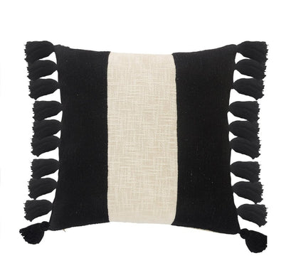 20" White And Black Striped Cotton Throw Pillow Cover with Tassels