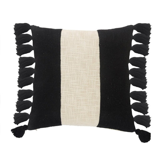 20" White And Black Striped Cotton Throw Pillow Cover with Tassels