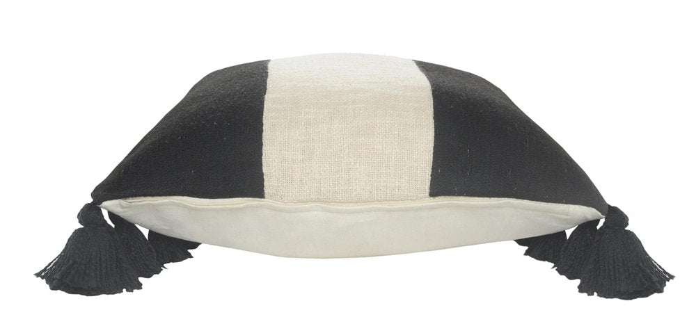 20" White And Black Striped Cotton Throw Pillow Cover with Tassels