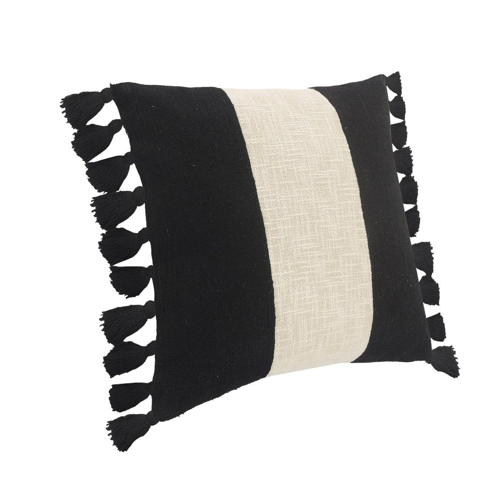 20" White And Black Striped Cotton Throw Pillow Cover with Tassels