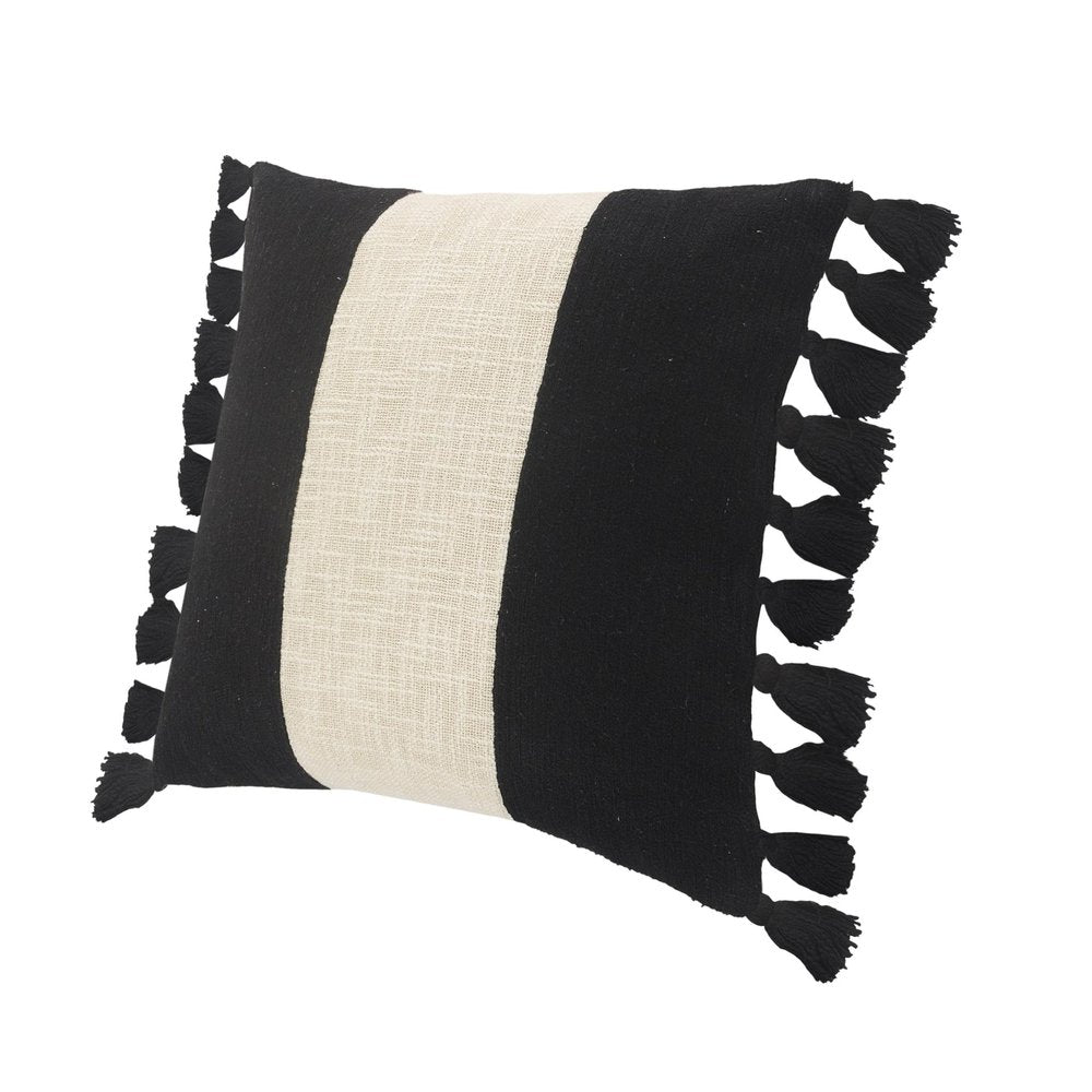 20" White And Black Striped Cotton Throw Pillow Cover with Tassels