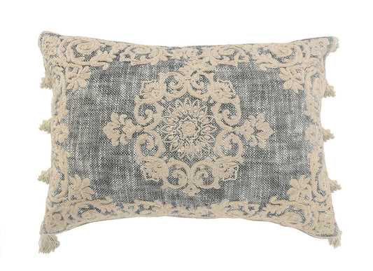 14" X 20" Charcoal And Beige Lumbar Medallion Cotton Throw Pillow Cover with Pompoms
