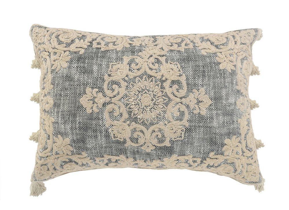 14" X 20" Charcoal And Beige Lumbar Medallion Cotton Throw Pillow Cover with Pompoms
