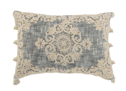14" X 20" Charcoal And Beige Lumbar Medallion Cotton Throw Pillow Cover with Pompoms