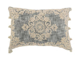14" X 20" Charcoal And Beige Lumbar Medallion Cotton Throw Pillow Cover with Pompoms