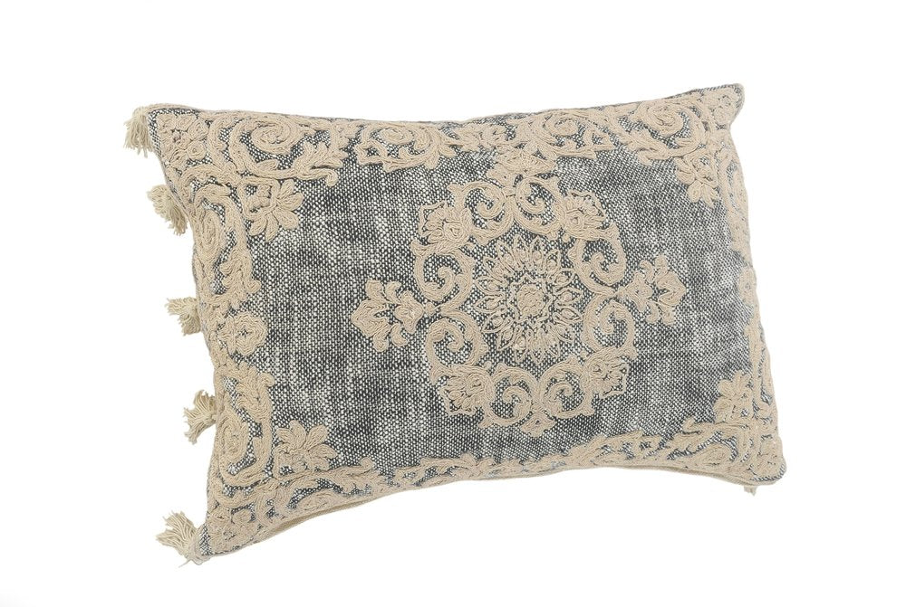 14" X 20" Charcoal And Beige Lumbar Medallion Cotton Throw Pillow Cover with Pompoms