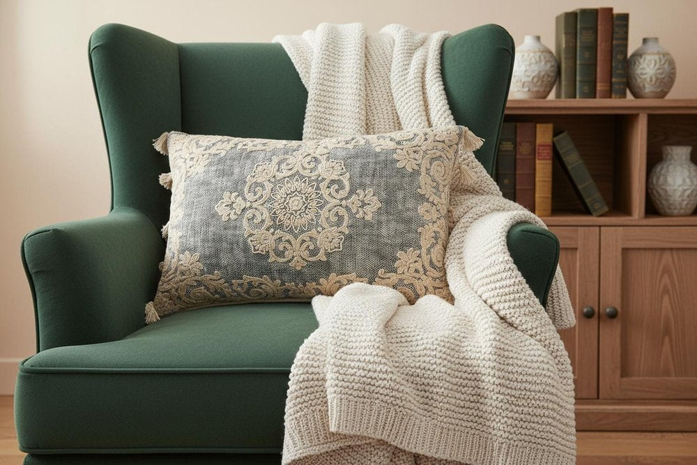 14" X 20" Charcoal And Beige Lumbar Medallion Cotton Throw Pillow Cover with Pompoms
