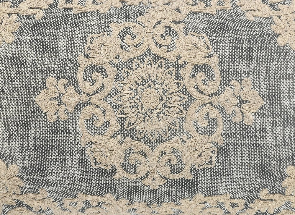 14" X 20" Charcoal And Beige Lumbar Medallion Cotton Throw Pillow Cover with Pompoms