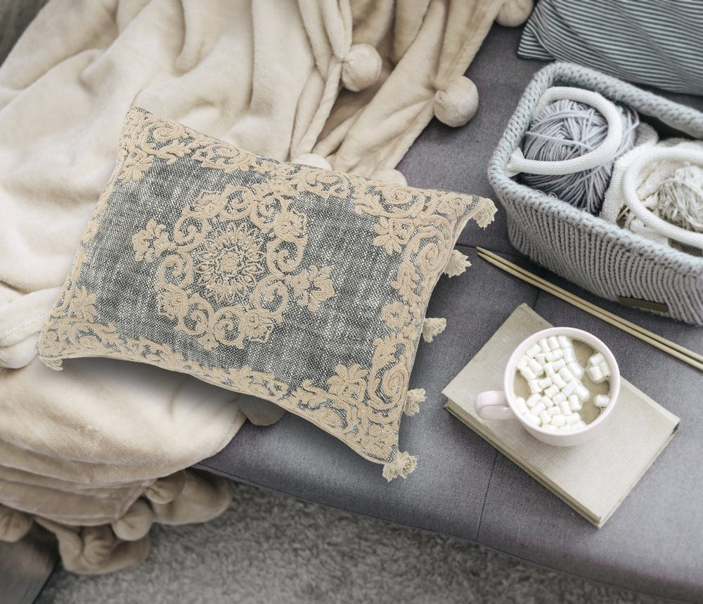 14" X 20" Gray And Cream Lumbar Medallion Cotton Throw Pillow Cover