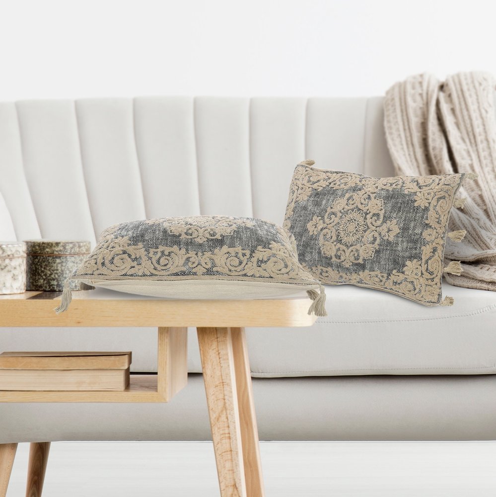 14" X 20" Gray And Cream Lumbar Medallion Cotton Throw Pillow Cover