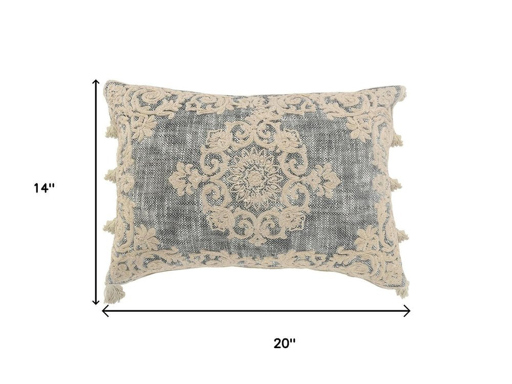 14" X 20" Gray And Cream Lumbar Medallion Cotton Throw Pillow Cover