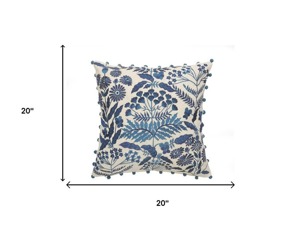 20" White And Blue Floral Cotton Throw Pillow Cover with Embroidery And Beads