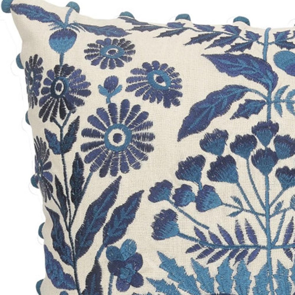 20" White And Blue Floral Cotton Throw Pillow Cover with Embroidery And Beads