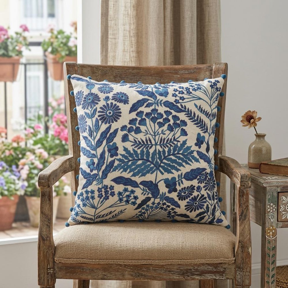 20" White And Blue Floral Cotton Throw Pillow Cover with Embroidery And Beads