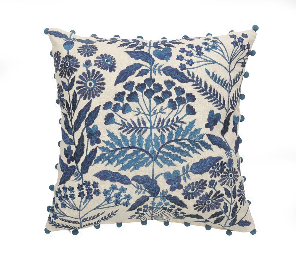 20" White And Blue Floral Cotton Throw Pillow Cover with Embroidery And Beads