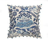 20" White And Blue Floral Cotton Throw Pillow Cover with Embroidery And Beads