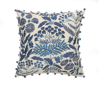 20" White And Blue Floral Cotton Throw Pillow Cover with Embroidery And Beads