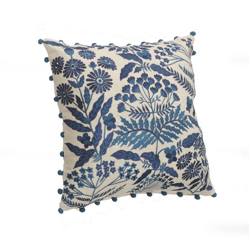 20" White And Blue Floral Cotton Throw Pillow Cover with Embroidery And Beads