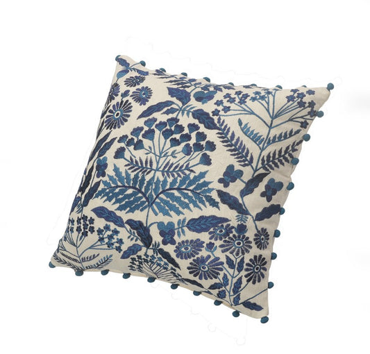 20" White And Blue Floral Cotton Throw Pillow Cover with Embroidery And Beads