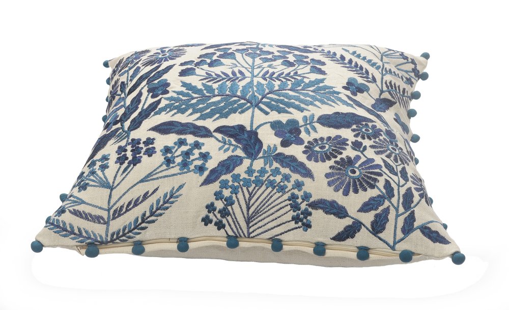 20" White And Blue Floral Cotton Throw Pillow Cover with Embroidery And Beads