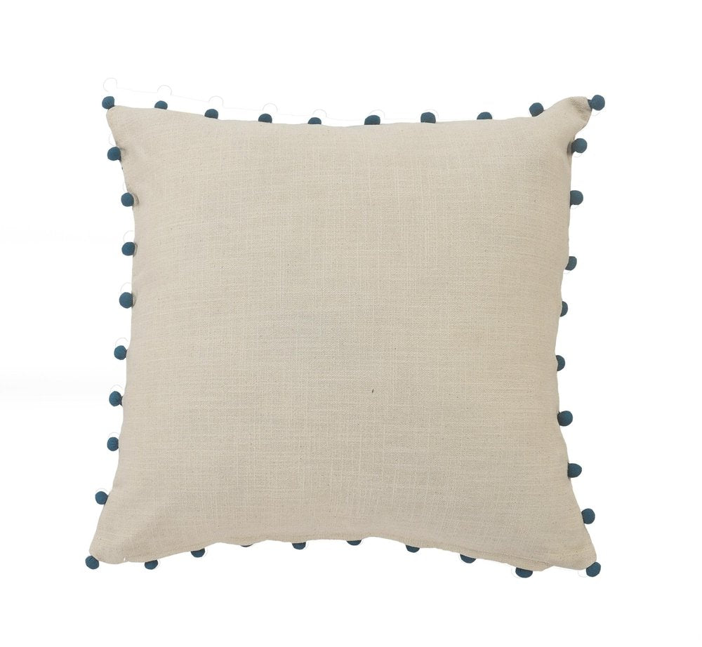 20" White And Blue Floral Cotton Throw Pillow Cover with Embroidery And Beads
