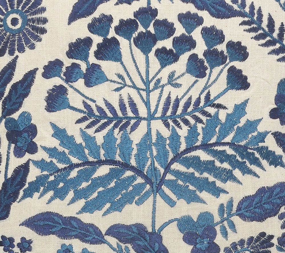 20" White And Blue Floral Cotton Throw Pillow Cover with Embroidery And Beads