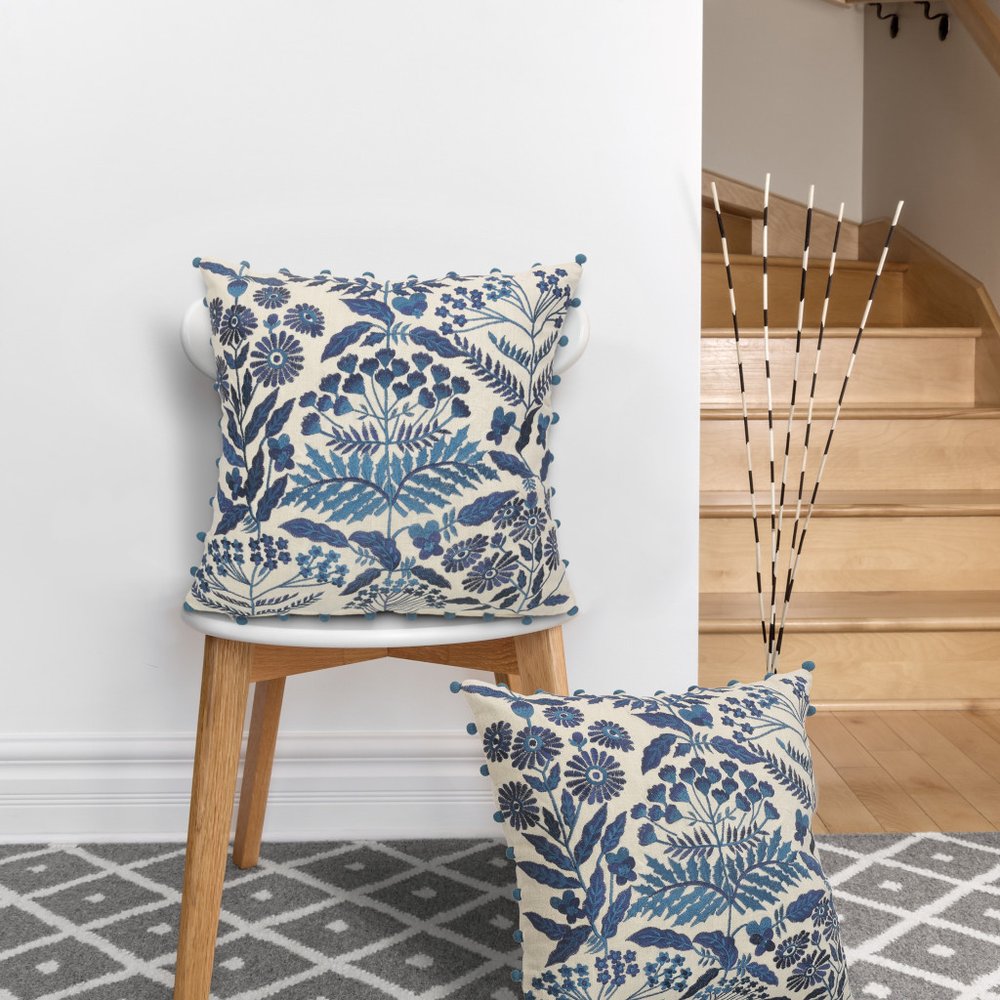 20" White And Blue Floral Cotton Throw Pillow Cover with Embroidery And Beads