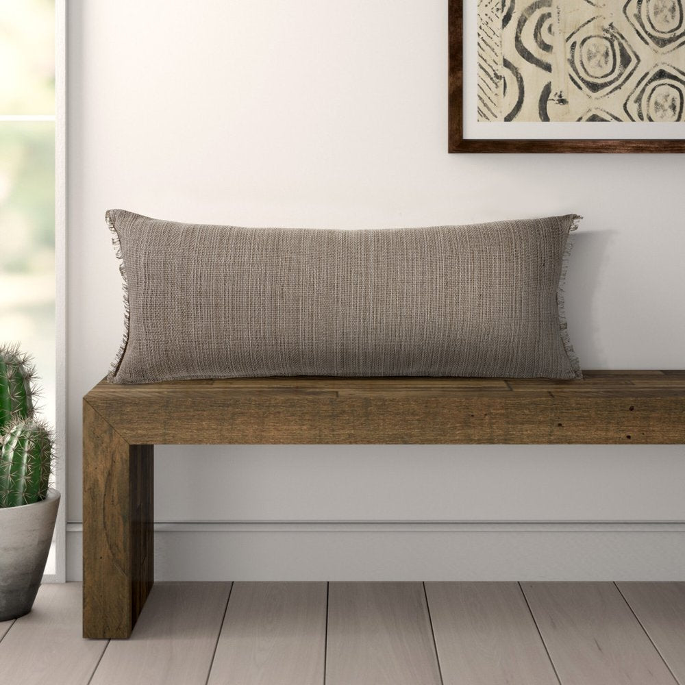 14" X 36" Beige And Gray Lumbar Linen Blend Throw Pillow Cover