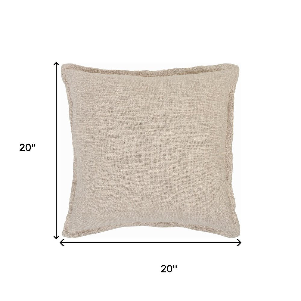 20" Beige Cotton Throw Pillow Cover with Fringe