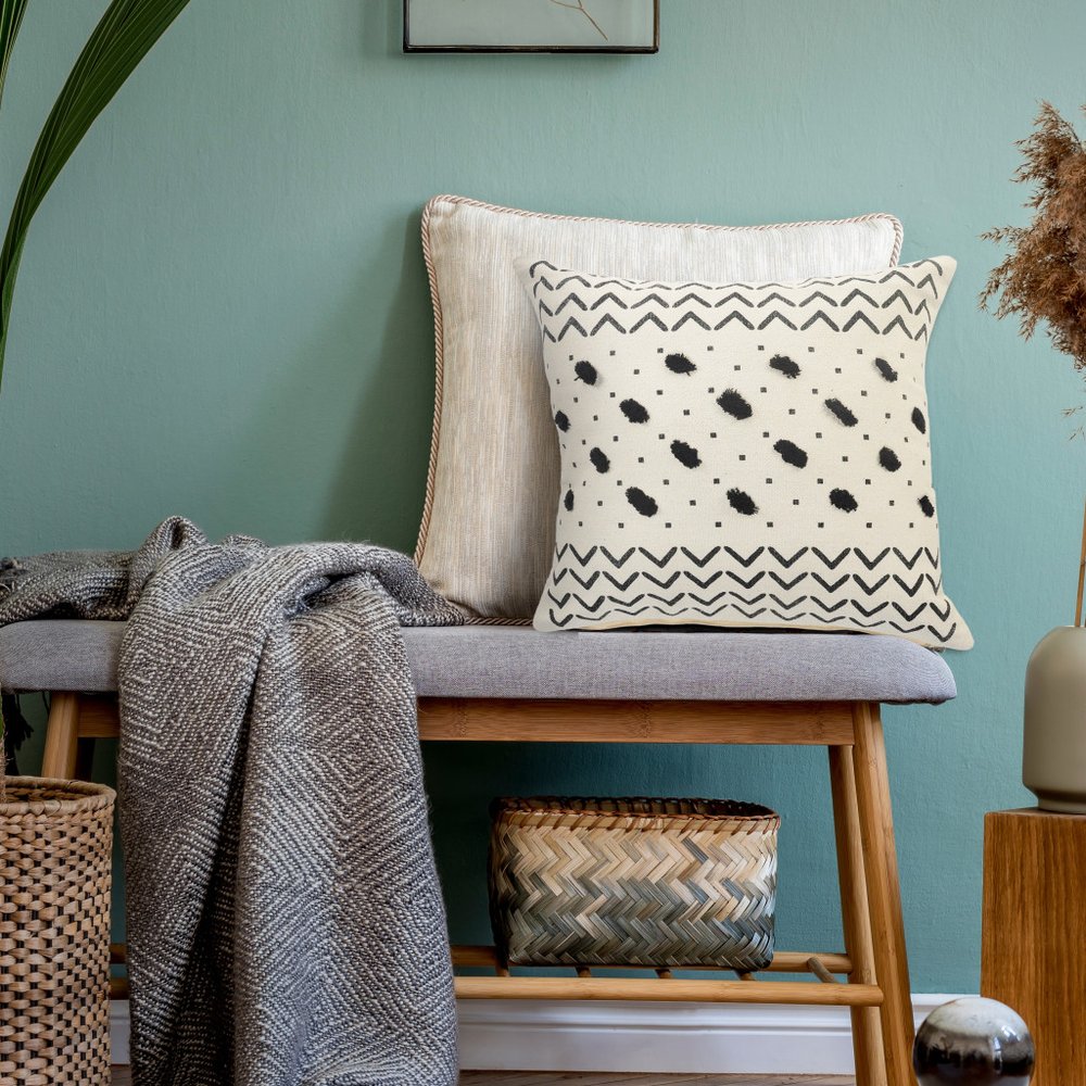 20" Tan And Black Cotton Throw Pillow Cover