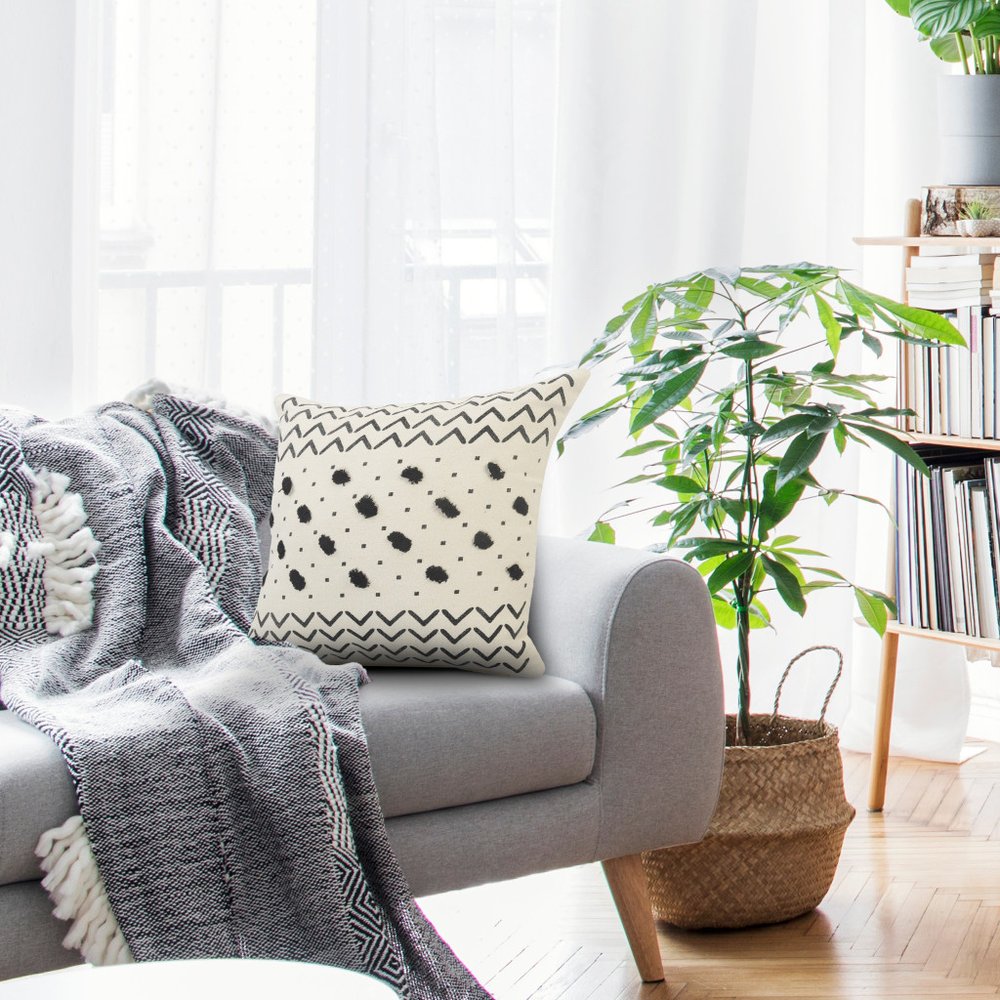 20" Tan And Black Cotton Throw Pillow Cover