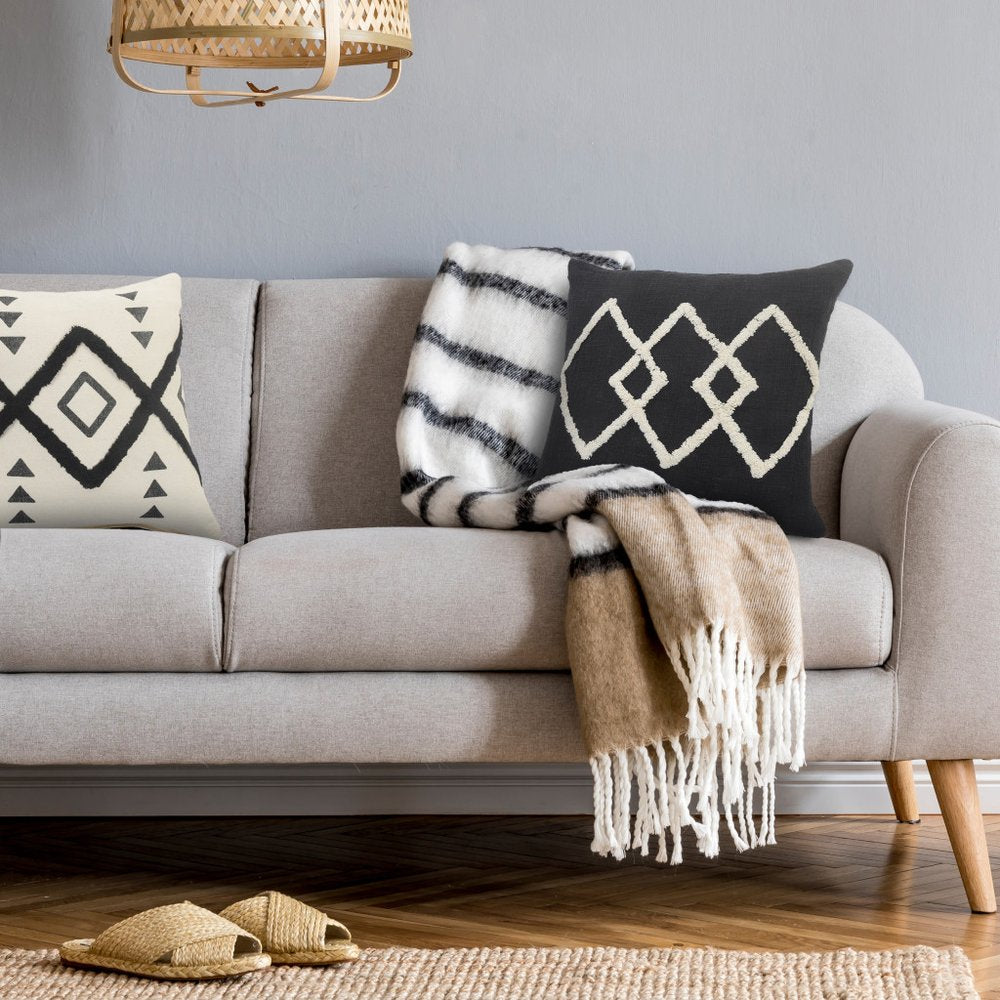 20" Tan And Black Cotton Throw Pillow Cover