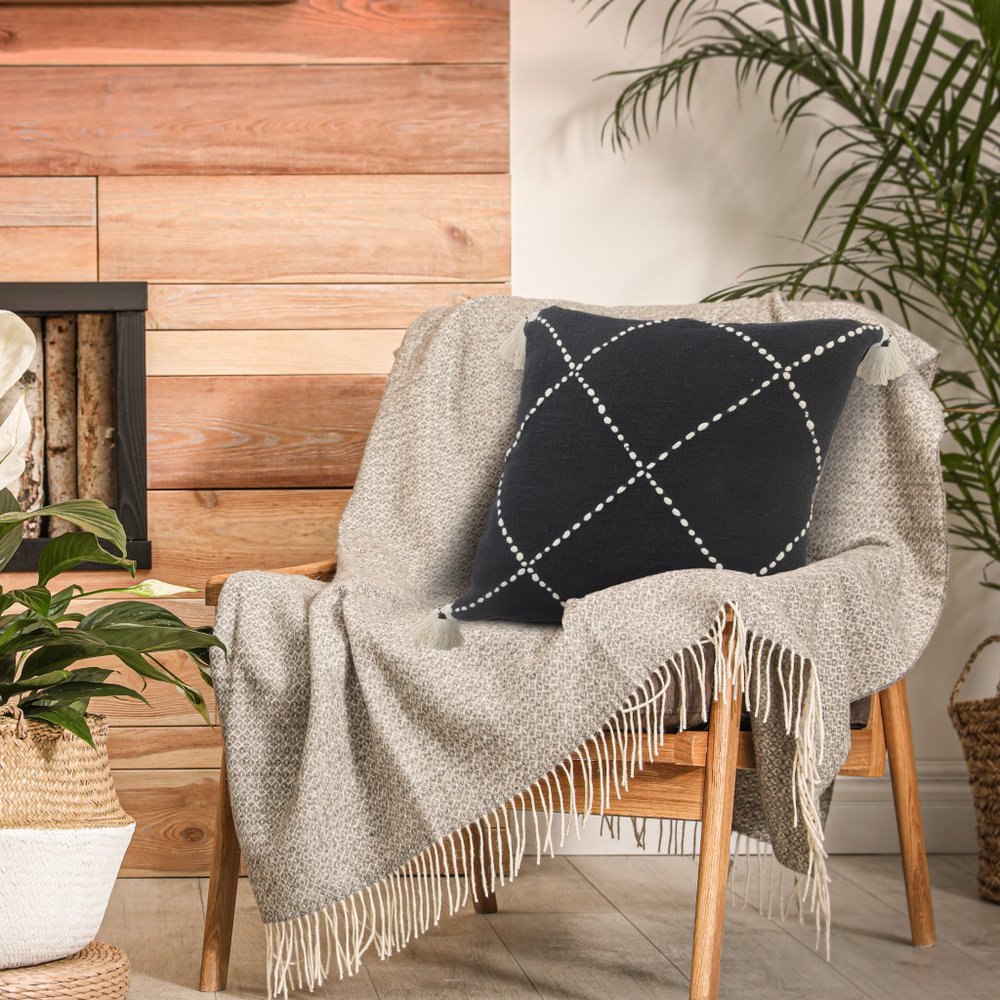 20" Tan And Black Cotton Throw Pillow Cover