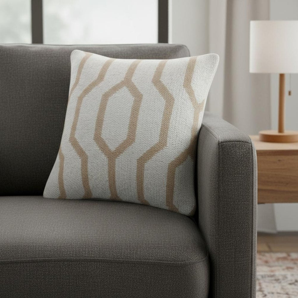 20" White And Tan Geometric Cotton Throw Pillow Cover