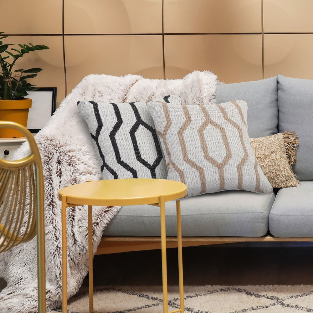 20" White And Tan Geometric Cotton Throw Pillow Cover