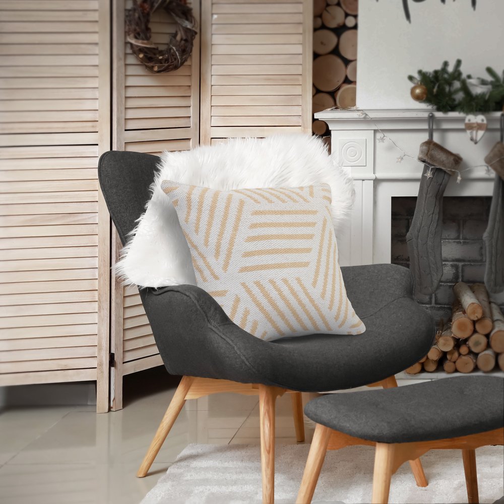 20" White And Tan Geometric Cotton Throw Pillow Cover