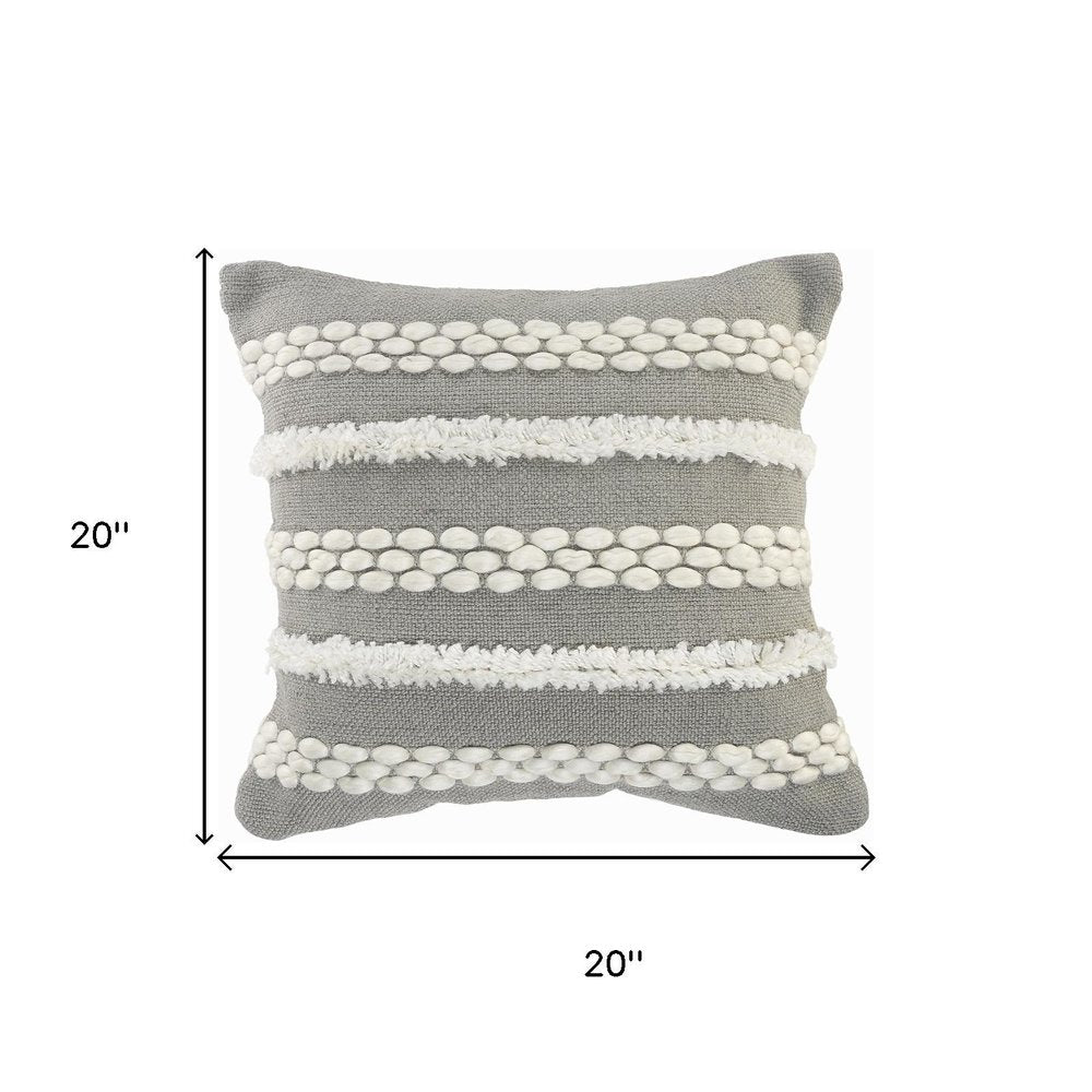 20" Gray And White Striped Throw Pillow Cover with Tufts And Texture