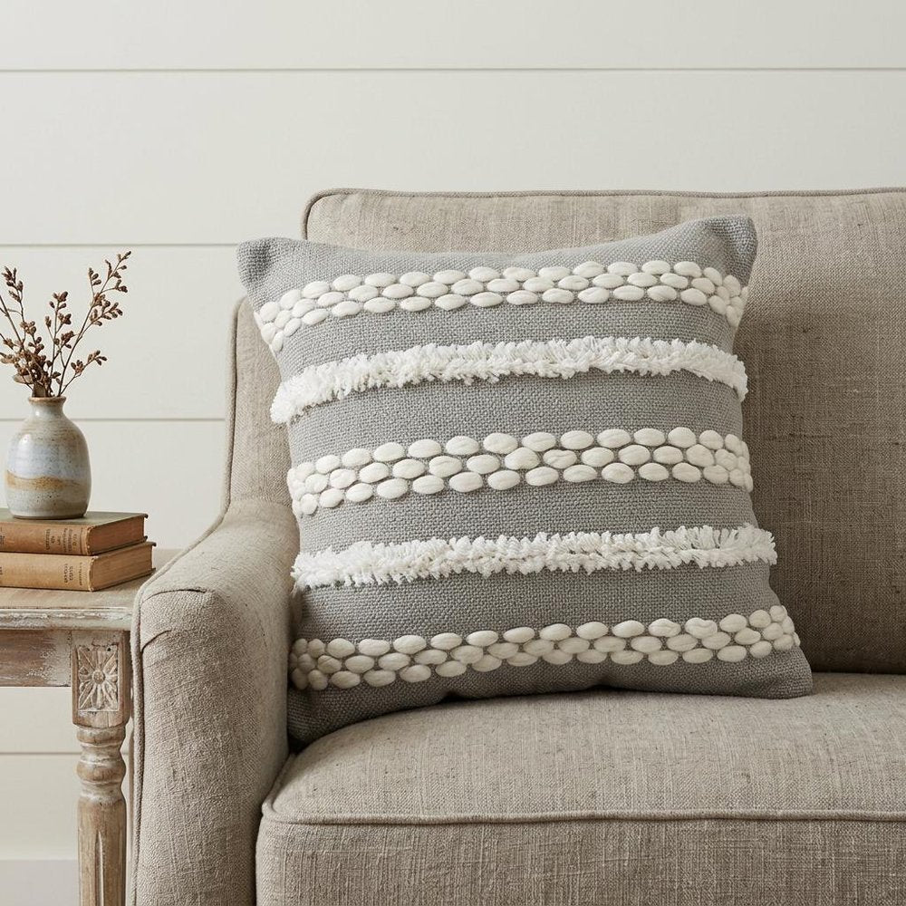 20" Gray And White Striped Throw Pillow Cover with Tufts And Texture