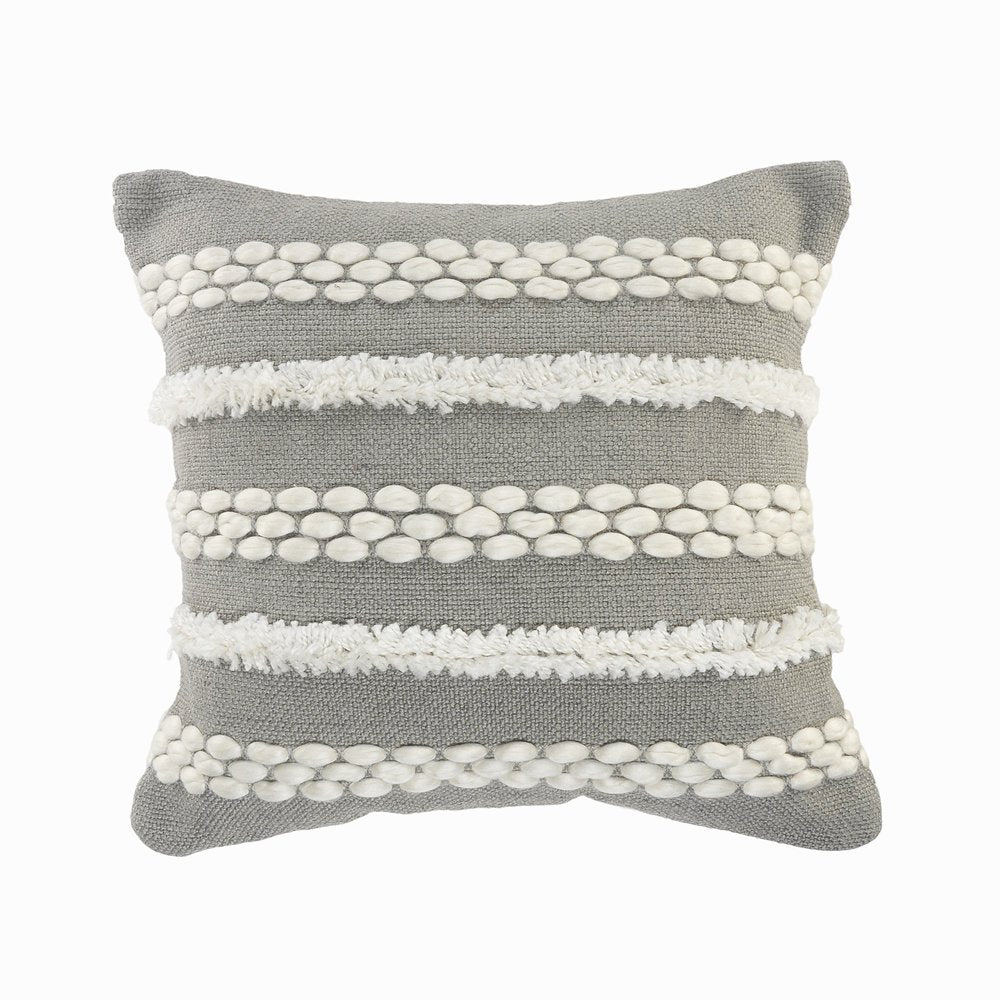 20" Gray And White Striped Throw Pillow Cover with Tufts And Texture