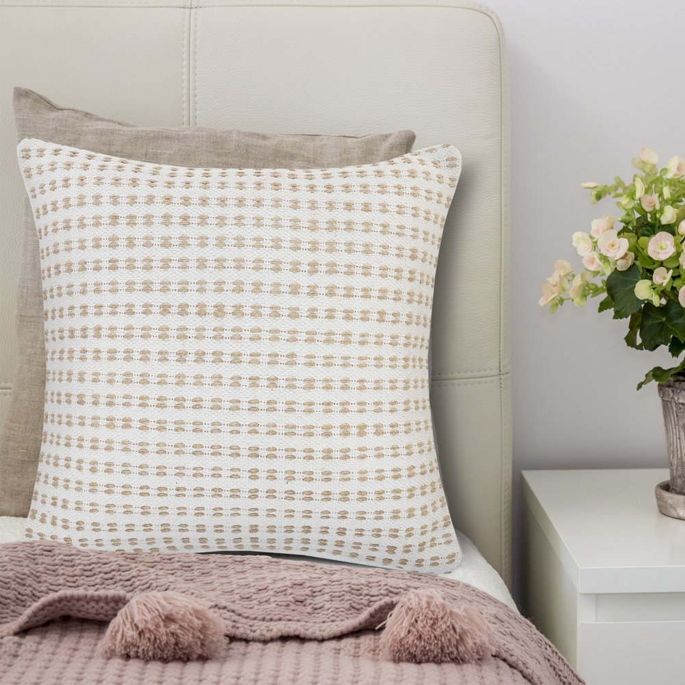 20" Beige And White Geometric Cotton Blend Throw Pillow Cover