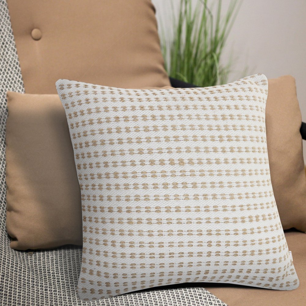 20" Beige And White Geometric Cotton Blend Throw Pillow Cover