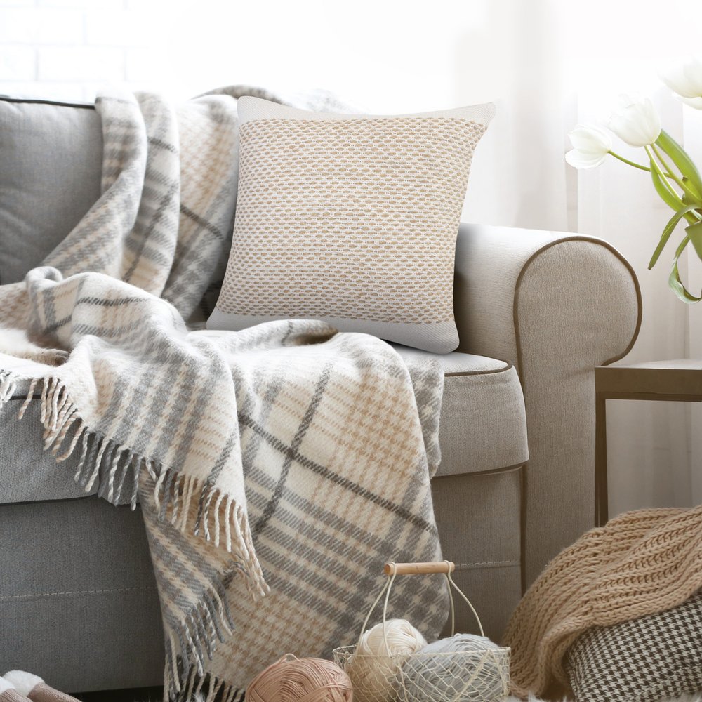 20" Beige And White Geometric Cotton Blend Throw Pillow Cover