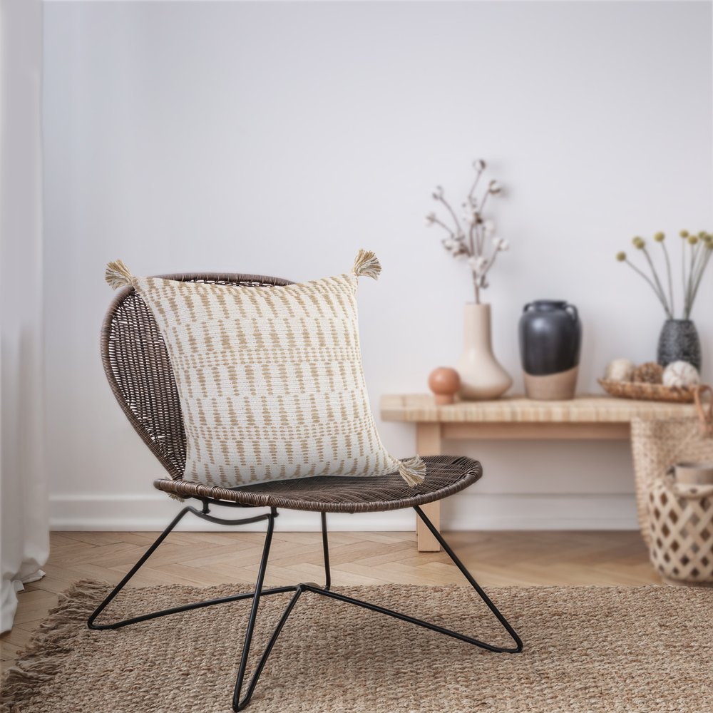 20" Beige And White Geometric Cotton Blend Throw Pillow Cover