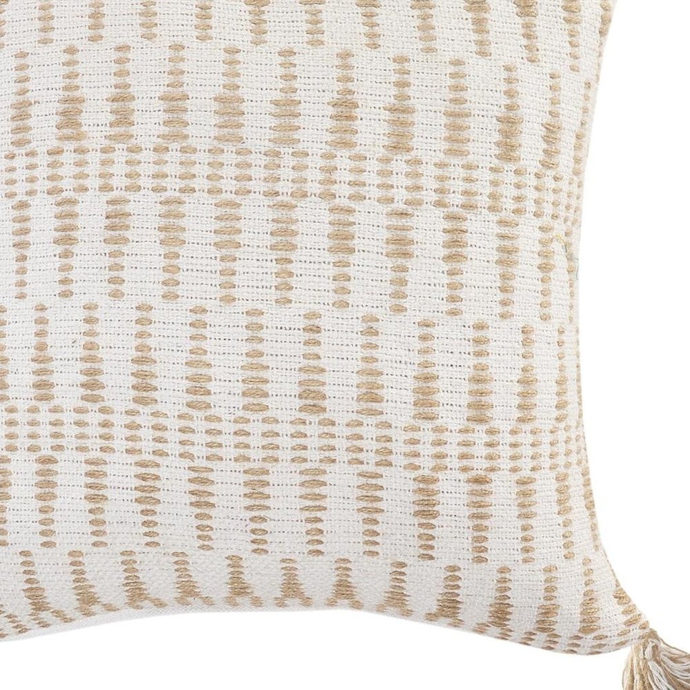 20" Beige And White Geometric Cotton Blend Throw Pillow Cover with Tassels And Texture