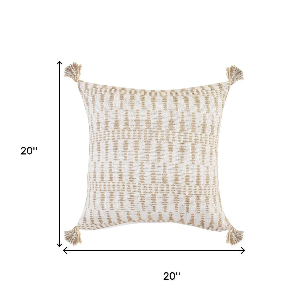 20" Beige And White Geometric Cotton Blend Throw Pillow Cover with Tassels And Texture