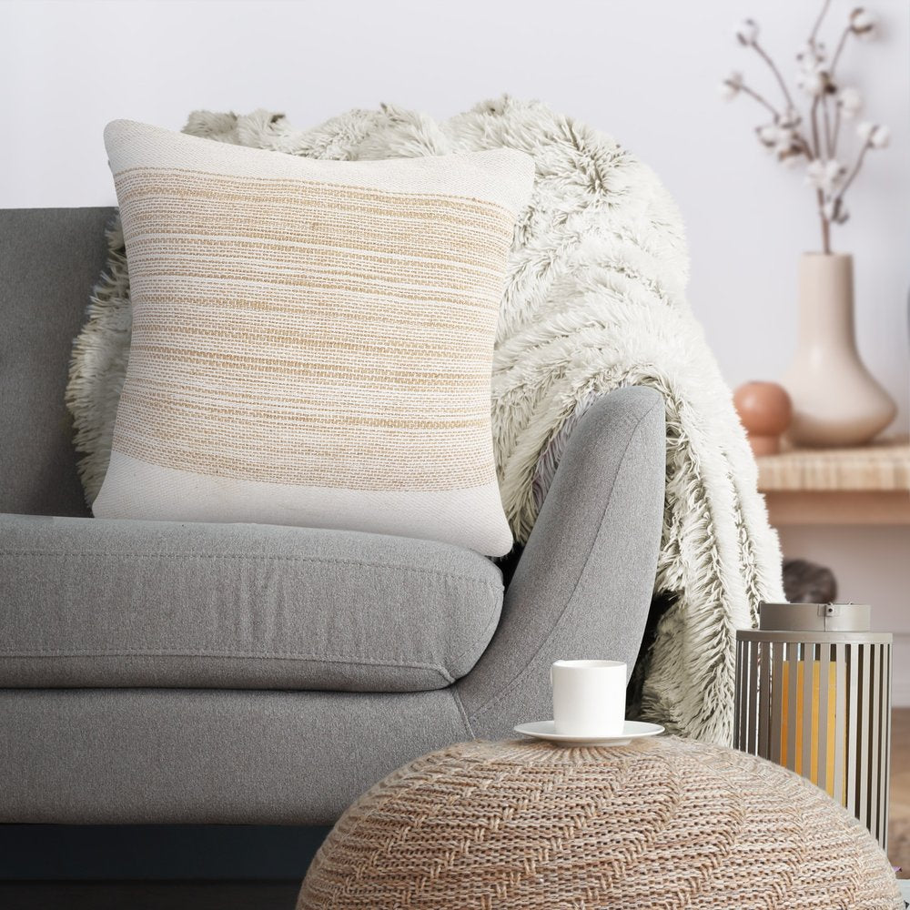 20" Beige And White Striped Cotton Blend Throw Pillow Cover